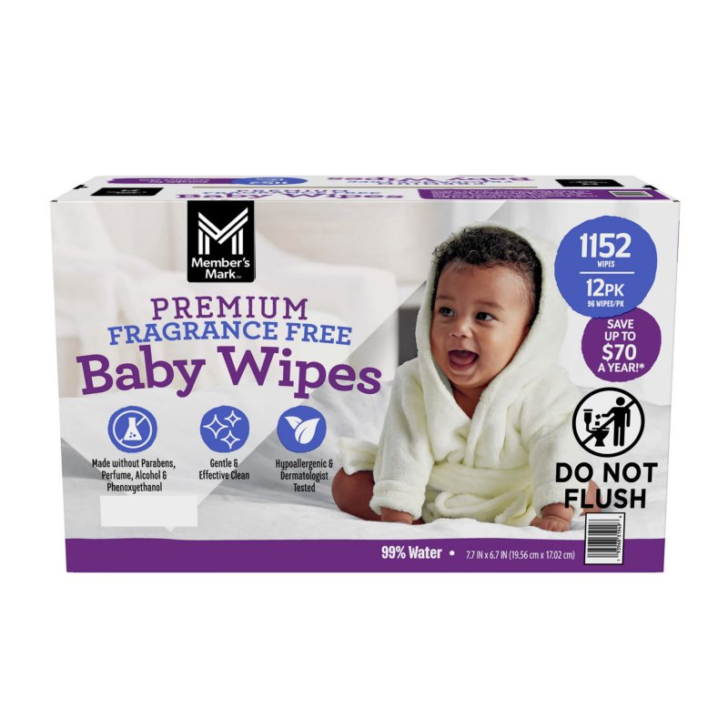 Member's Mark Premium Baby Wipes Fragrance Free 96 ct (12-pk)