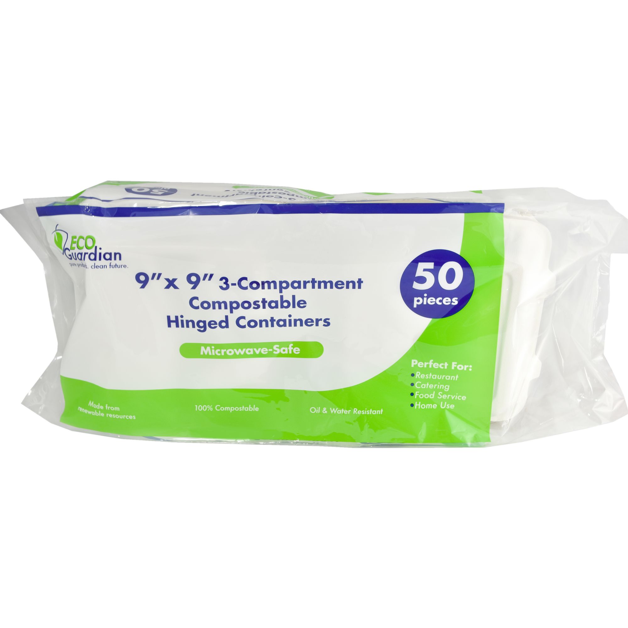 Eco Guardian 9'' x 9'' 3-Compartment Compostable Hinged Containers, 50 ...