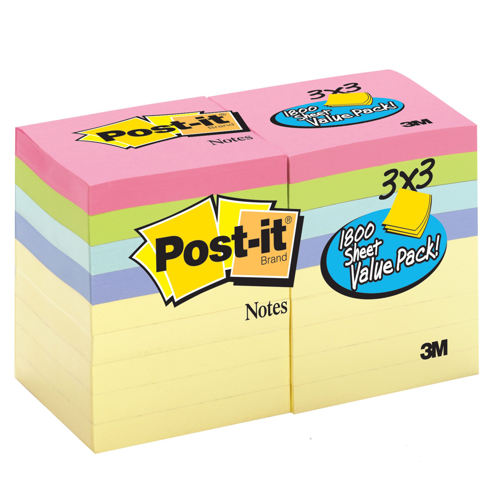 Post-It 3'' x 3'' Notes Pads Pastel 100 ct (18-pk)