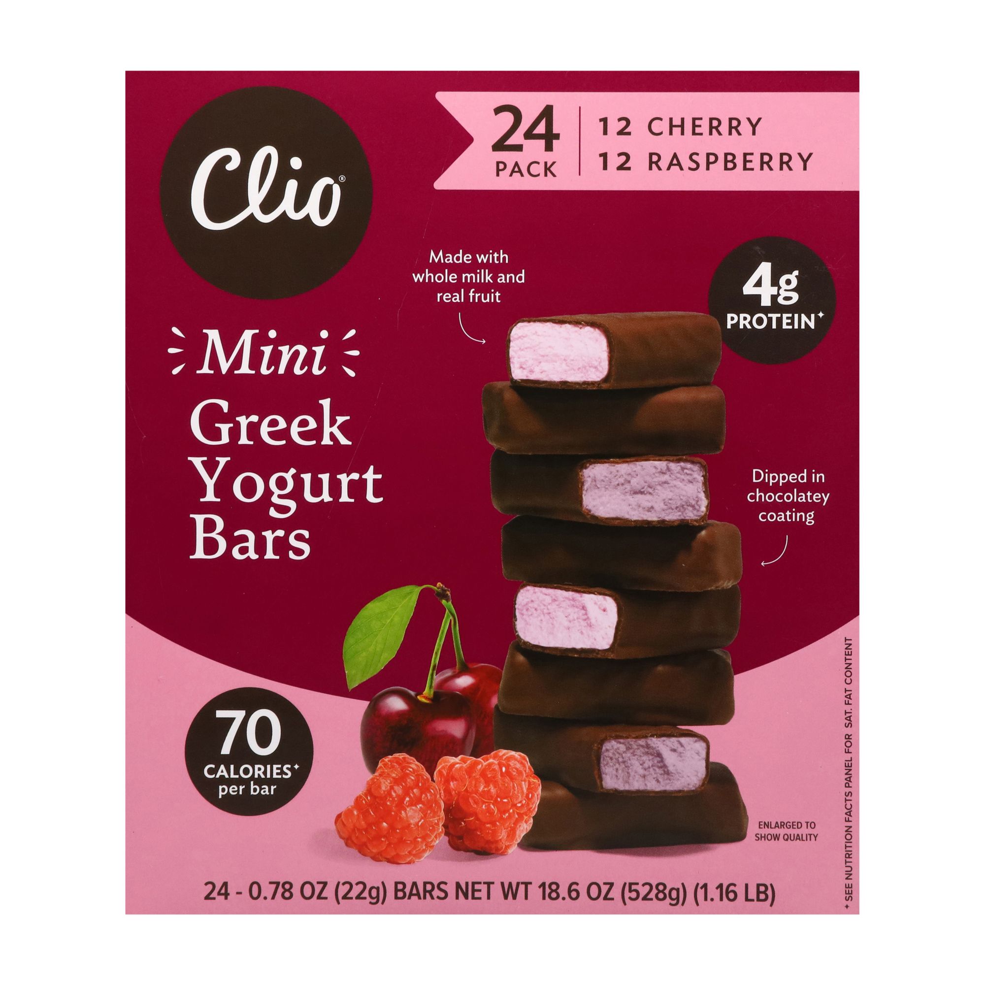 Clio Greek Cherry Raspberry Yogurt Bars, Mini Bars Pack, 0.78 oz., 24 pack