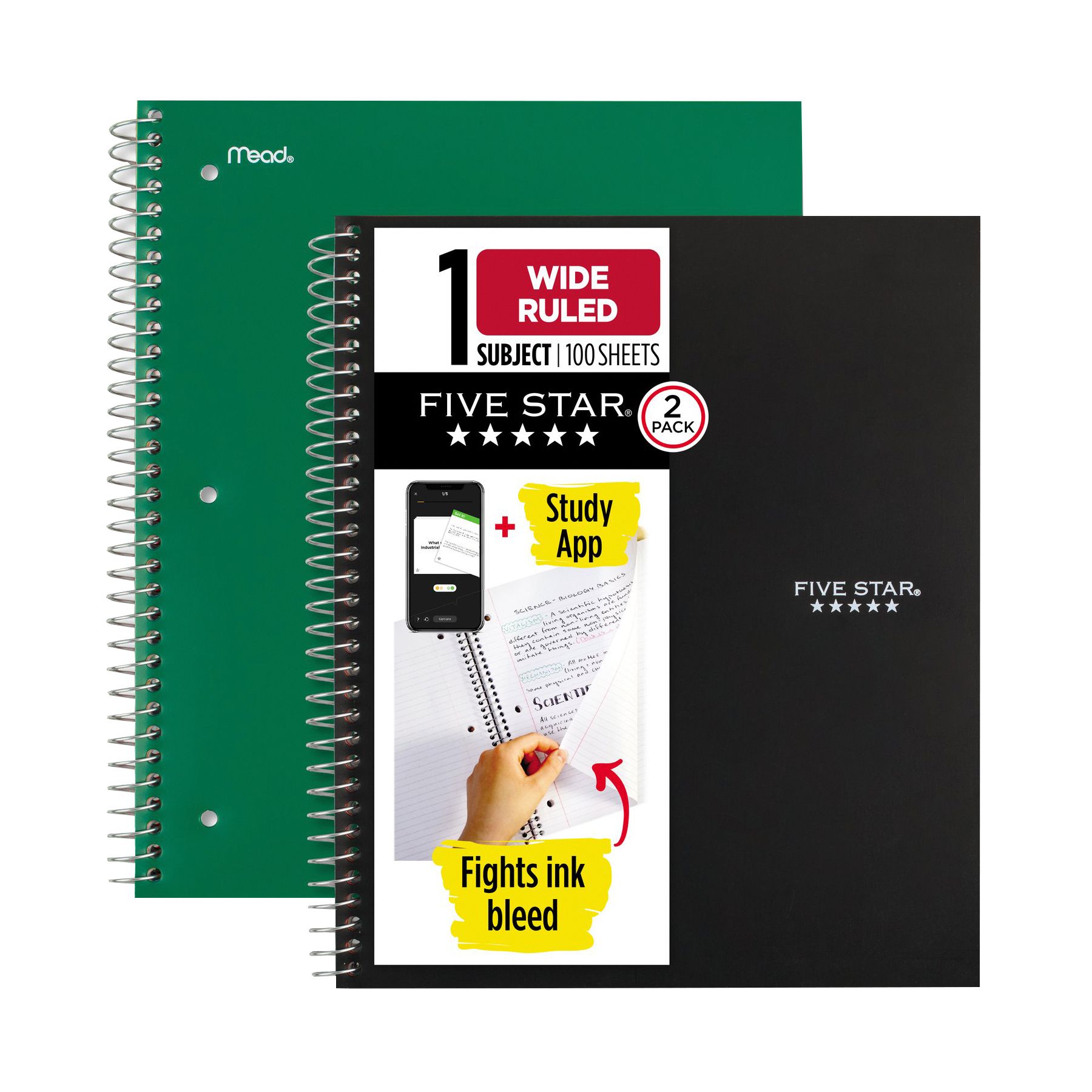 Five Star Wirebound Notebook Plus Study App, Wide Ruled, 2 pack