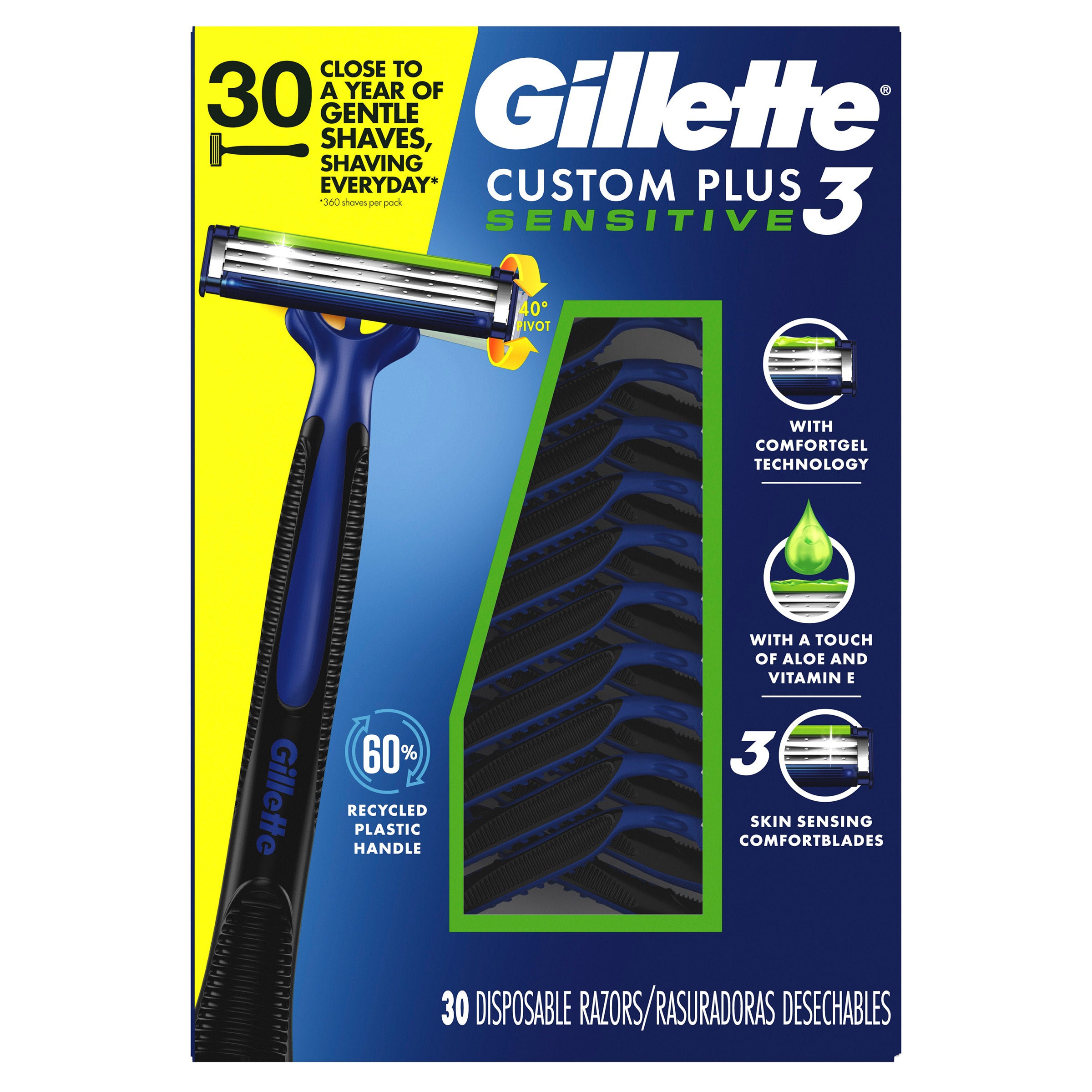 Gillette Custom Plus 3 Sensitive Disposable Razors, 30 Count