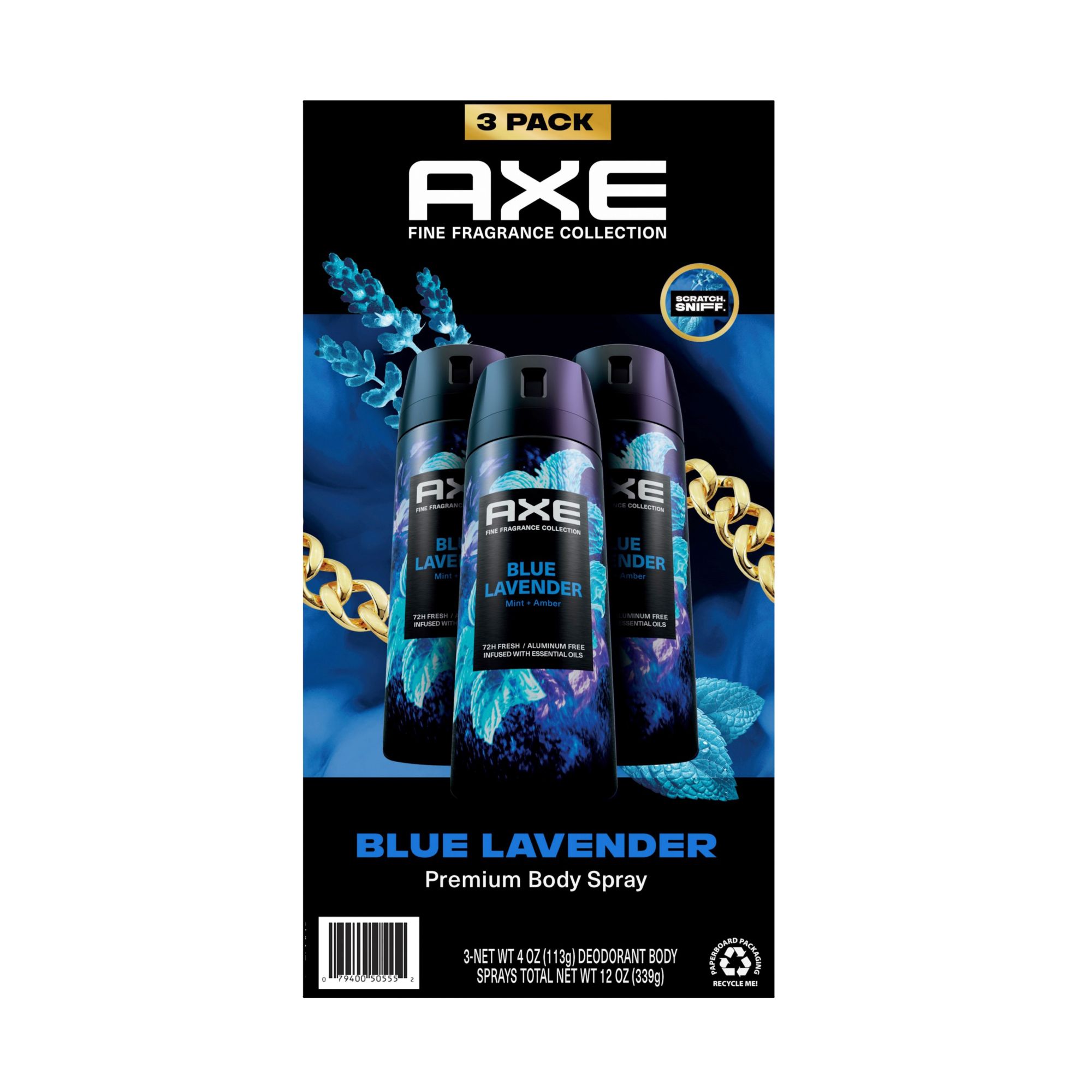 Axe Fine Fragrance Collection Premium Deodorant Body Spray for Men Blue Lavender 3 Count with 72H Odor Protection and Freshness Infused with Lavender