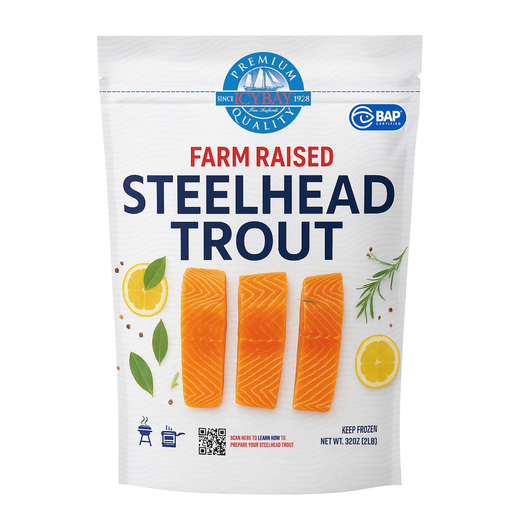 Icybay Steelhead Trout Portions, Skinless, Boneless, 32 oz.