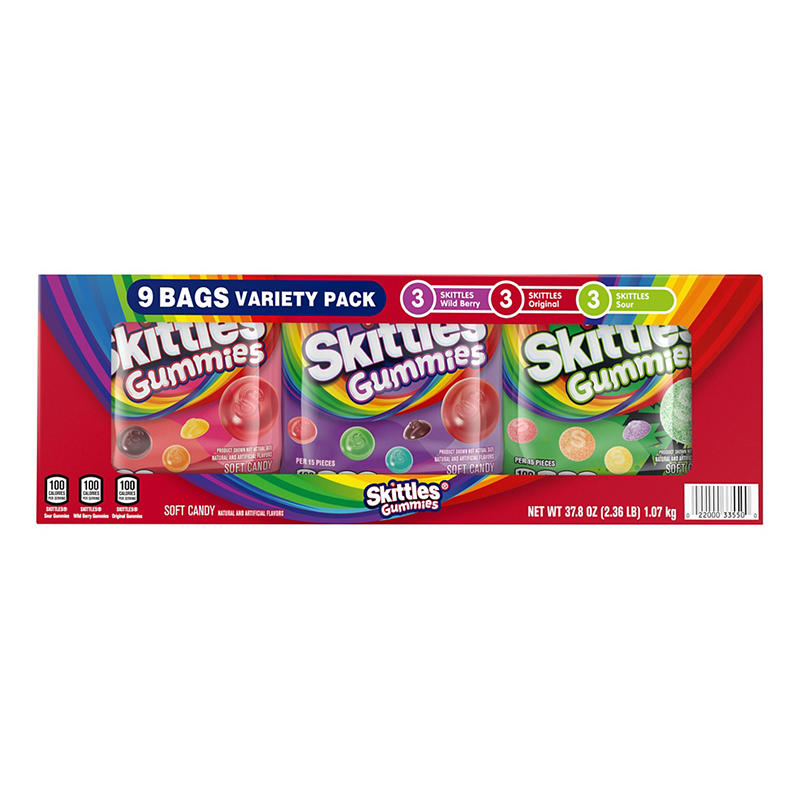 Skittles Gummies Gummy Candy Variety Pack, Bulk Box, 9 count.