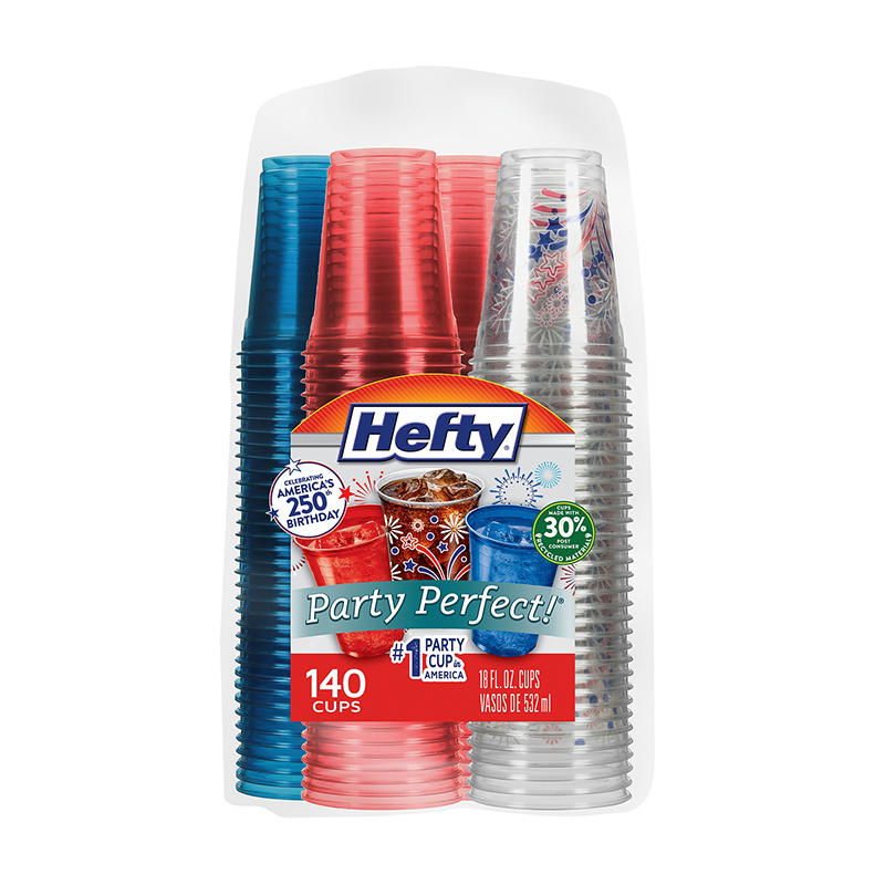 Hefty Party Perfect Patriotic Print Plastic Cups, 18 oz, 140 count.