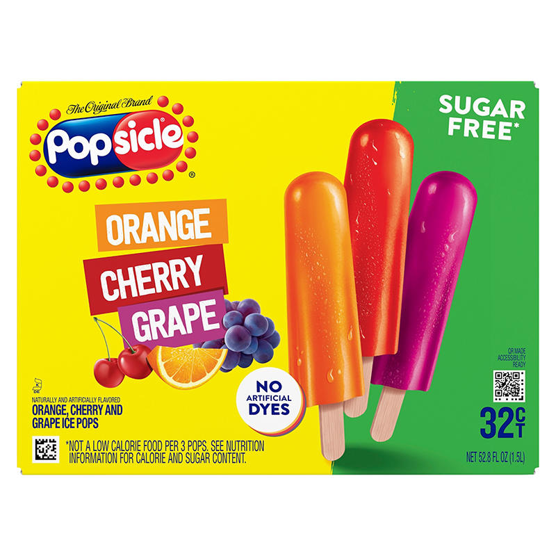 Popsicle Ice Pops, Orange, Cherry, Grape, 32 count.