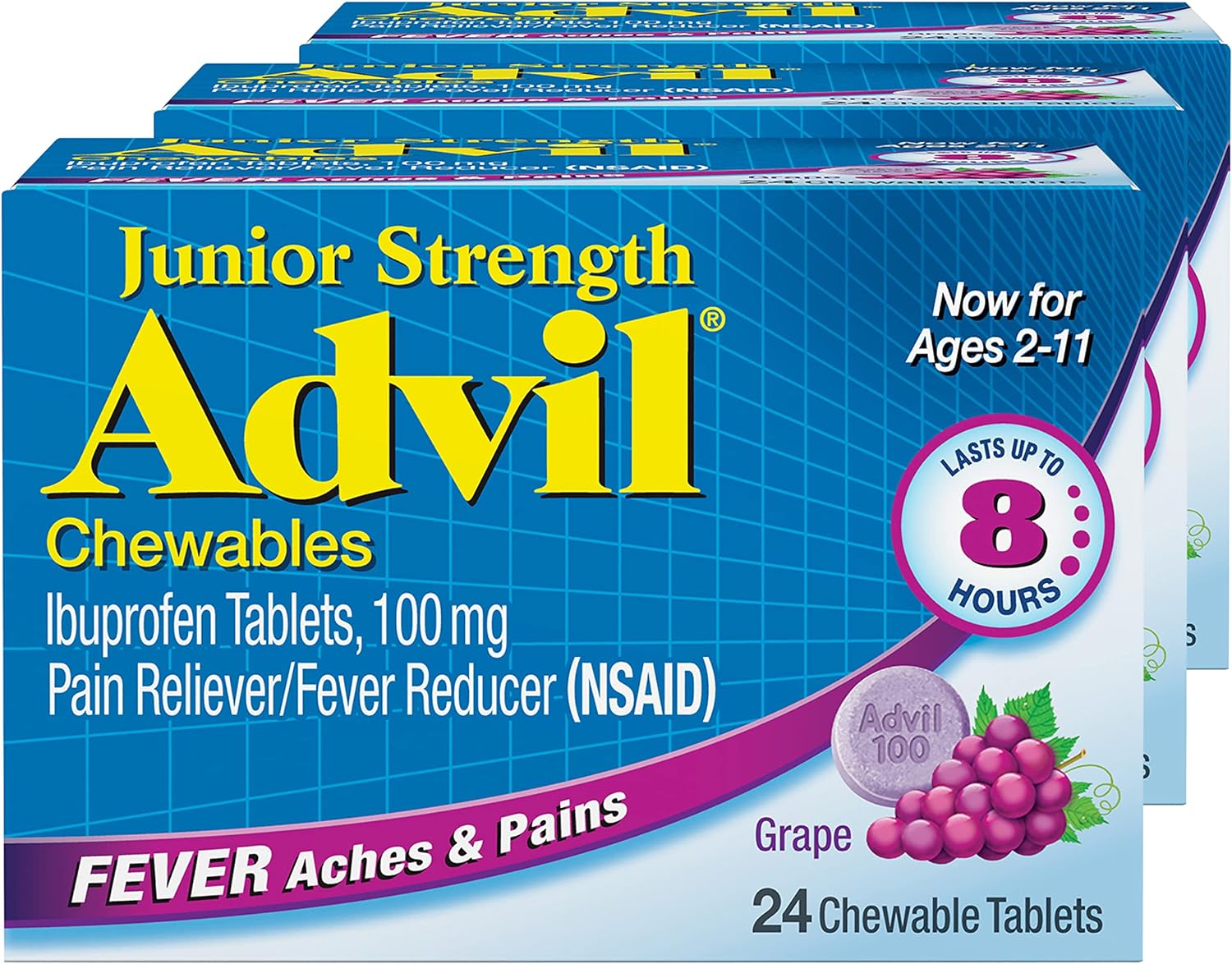 Advil Junior Strength Chewable Tablets Grape 24 ct 3 pack